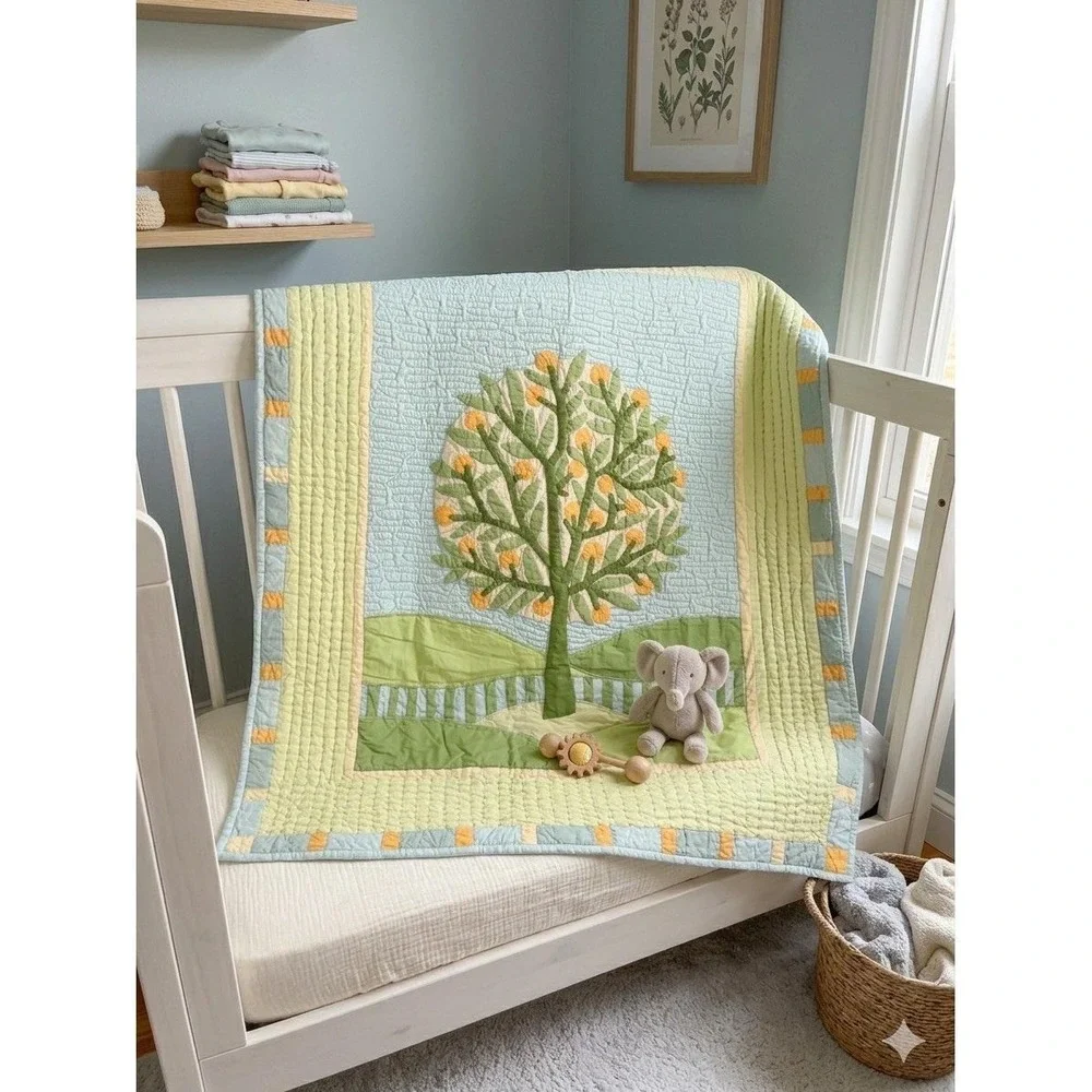 Crate and Barrel The Land of Nod Orange Tree Crib Toddler Bed Quilt Patchwork